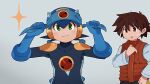  2boys 3suisousui blue_bodysuit blue_headband blue_helmet bodysuit brown_eyes brown_hair green_eyes headband highres lan_hikari_(mega_man) mega_man_(series) mega_man_battle_network_(series) megaman.exe multiple_boys no_headwear orange_vest shirt short_hair simple_background star_(symbol) upper_body vest white_shirt 