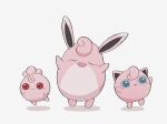  :3 :d :o arms_up blue_eyes blush blush_stickers closed_eyes closed_mouth commentary_request evolutionary_line igglybuff jigglypuff looking_at_viewer no_humans open_mouth pokemon pokemon_(creature) red_eyes simple_background smile sumi_fms u_u white_background wigglytuff 