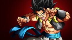  1boy abs artist_request black_eyes black_hair dragon_ball dragon_ball_super dragon_ball_super_broly dragon_ball_xenoverse fighting_stance floating_clothes game_cg gogeta highres loading_screen looking_at_viewer male_focus metamoran_vest muscular muscular_male official_art official_wallpaper open_mouth pants pectoral_cleavage pectorals red_background single_bang solo spiky_hair teeth third-party_source tongue white_pants 