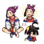  1boy black_hair blue_shirt blue_socks blush closed_eyes crossed_bangs gloves hair_between_eyes hi-fi_(fijazzy) jacket kieran_(pokemon) long_sleeves male_focus mole mole_on_neck multicolored_hair multiple_views off_shoulder open_mouth pokemon pokemon_sv purple_hair red_gloves red_tank_top shirt shoes shorts simple_background single_glove sitting smile socks tank_top white_background white_footwear white_jacket yellow_eyes 