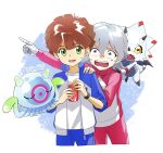  2boys amanokawa_hiro bandaged_hand bandages blue_jacket blue_pants brown_hair can coca-cola cropped_legs digimon digimon_(creature) digimon_ghost_game drink_can fon-due_(fonfon) gammamon green_eyes grey_hair hair_between_eyes higashimitarai_kiyoshiro jacket jellymon male_focus multiple_boys open_mouth opening_can pants pointing red_jacket red_pants scared shirt soda_can sweatdrop white_shirt 