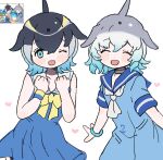 010mzam 2girls black_hair blonde_hair blowhole blue_dress blue_hair blush bow bowtie bracelet cetacean_tail choker closed_eyes common_bottlenose_dolphin_(kemono_friends) common_raccoon_(kemono_friends) dolphin_girl dorsal_fin dress fins fish_tail grey_hair hair_between_eyes head_fins heart highres jewelry kemono_friends looking_at_viewer multicolored_hair multiple_girls neckerchief one_eye_closed open_mouth pleated_dress sailor_collar sailor_dress scene_reference short_hair short_sleeves sidelocks smile tail white_choker white_neckerchief wristband yellow_bow yellow_bowtie 