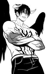  1boy abs absurdres bare_shoulders belt black_feathers black_pants black_sclera chest_tattoo collarbone colored_sclera commentary cowboy_shot crossed_arms demon_boy demon_horns devil_jin feathered_wings feathers forehead_tattoo grin groin highres horns kazama_jin looking_at_viewer male_focus monochrome navel pants pectorals sharp_teeth shiro_tkkn shoulder_tattoo smile solo tattoo teeth tekken topless_male wings 