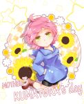 1girl boots brown_footwear dress earrings english_commentary flower green_eyes highres hood hooded_dress hoodie jewelry kumatora looking_at_viewer mother_(game) mother_3 pink_hair short_hair shorts solo star_(symbol) sunflower yamamori_uniko 