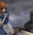  1girl alcohol apron beer beer_can blue_eyes blush bud_light can clouds cloudy_sky commentary dress drink drink_can english_commentary grill highres higurashi_no_naku_koro_ni holding holding_can looking_at_viewer medium_hair name_tag orange_hair outdoors ryuuguu_rena short_sleeves sky smile solo waist_apron waitress zoolpal 