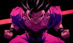  1boy bent_over black_background black_hair black_wristband clenched_hand clenched_teeth dougi dragon_ball dragon_ball_super dragon_ball_super_super_hero electricity medium_hair muscular pants potential_unleashed powering_up purple_pants purple_shirt red_eyes red_sash sash scene_reference sekitsuki_hayato shirt sleeveless sleeveless_shirt solo son_gohan spiky_hair teeth transformation 