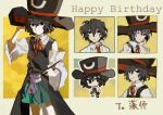  1other aaayamitsu androgynous bare_shoulders belt black_belt black_eyes black_footwear black_hair black_hat calligraphy_brush chibi chinese_commentary closed_mouth coat coattails collared_coat collared_shirt commentary_request cowboy_shot cropped_torso detached_sleeves enraku_tsubakura gift_art green_hakama hair_between_eyes hakama hakama_short_skirt hakama_skirt hand_on_headwear hand_on_own_cheek hand_on_own_face happy_birthday hat highres holding holding_calligraphy_brush holding_paintbrush japanese_clothes lab_coat len&#039;en light_frown long_sleeves looking_at_viewer multiple_views neck_ribbon necktie one_eye_closed open_clothes open_coat other_focus paintbrush red_hat red_necktie red_ribbon ribbon sandals shirt short_hair simple_background skirt sleeveless sleeveless_shirt smirk socks top_hat two-sided_fabric two-sided_headwear wavy_hair white_coat white_shirt white_sleeves white_socks wide_sleeves yellow_background zouri 