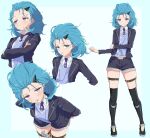  1girl black_footwear black_jacket black_shorts blue_background blue_hair blush boots closed_mouth collared_shirt commentary crossed_arms forehead hair_ornament hairclip highres honkai_(series) honkai_impact_3rd jacket lieserl_albert_einstein looking_at_viewer multiple_views necktie open_clothes open_jacket parted_lips purple_necktie repikawarepi shirt shorts skindentation standing sweater_vest thigh_boots tongue tongue_out two-tone_background violet_eyes white_shirt 