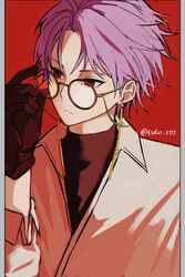  1boy absurdres adjusting_eyewear bespectacled black_gloves black_shirt closed_mouth eyewear_strap glasses gloves hashtag-only_commentary highres jacket long_sleeves male_focus pillarboxed purple_hair red_background red_eyes round_eyewear saibou_shinkyoku shirt short_hair simple_background solo theodore_riddle tuto_r02 twitter_username upper_body white_jacket 