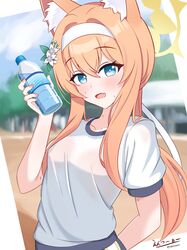  1girl animal_ear_fluff animal_ears arm_behind_back blue_archive blue_buruma blue_eyes blush bottle buruma cat_ears fang flower gym_uniform hair_flower hair_ornament halo headband highres holding holding_bottle looking_at_viewer mari_(blue_archive) mari_(track)_(blue_archive) n2o official_alternate_costume open_mouth orange_hair shirt skin_fang smile solo water_bottle white_headband white_shirt yellow_halo 