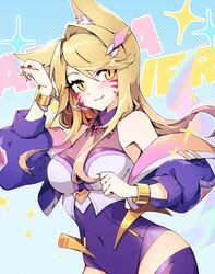  1girl ahri_(league_of_legends) bare_shoulders blonde_hair blush bracelet breasts collared_leotard contrapposto covered_navel cowboy_shot cropped_jacket facial_mark fuiyu_(feuille0818) hair_ornament headset highres jacket jewelry large_breasts league_of_legends leotard long_hair long_sleeves open_clothes open_jacket purple_leotard slit_pupils smile solo whisker_markings yellow_eyes 