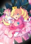  1girl blonde_hair blue_eyes blush breasts commission crown dress earrings elbow_gloves gloves highres jewelry long_hair looking_at_viewer mitsuki_tayura open_mouth pink_dress piranha_plant princess princess_peach skeb_commission sphere_earrings super_mario_bros. white_gloves 