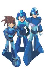  3boys absurdres android armor blue_armor blue_bodysuit blue_eyes blue_helmet bodysuit brown_hair forehead_jewel full_body green_eyes helmet highres in-franchise_crossover male_focus medium_hair mega_man_(character) mega_man_(classic) mega_man_(series) mega_man_legends_(series) mega_man_volnutt mega_man_x_(series) multiple_boys name_connection one_eye_closed simple_background tonchinkan white_background x_(mega_man) 