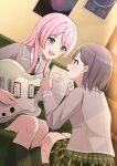  2girls bang_dream! bang_dream!_it&#039;s_mygo!!!!! black_socks blush brown_eyes chihaya_anon commentary_request dutch_angle electric_guitar fang green_skirt grey_eyes grey_hair grey_jacket guitar haneoka_school_uniform highres holding holding_guitar holding_instrument holding_plectrum indoors instrument jacket kneehighs light_particles long_hair long_sleeves multiple_girls novi_visual open_mouth pink_hair plaid plaid_skirt pleated_skirt plectrum poster_(object) school_uniform short_hair sitting skirt smile socks squatting takamatsu_tomori 