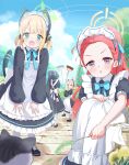  4girls absurdly_long_hair animal_ear_headphones animal_ears apron aris_(blue_archive) aris_(maid)_(blue_archive) black_dress black_hair blonde_hair blue_archive blush dress fake_animal_ears frilled_apron frills game_development_department_(blue_archive) green_eyes headphones highres long_hair maid maid_apron maid_headdress midori_(blue_archive) midori_(maid)_(blue_archive) mikumiku37 momoi_(blue_archive) momoi_(maid)_(blue_archive) multiple_girls official_alternate_costume open_mouth puffy_short_sleeves puffy_sleeves red_eyes redhead short_hair short_sleeves siblings sisters smile twins very_long_hair violet_eyes white_apron yuzu_(blue_archive) yuzu_(maid)_(blue_archive) 