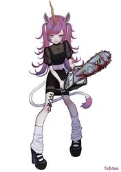  1girl angry animal_ears blood blue_eyes chainsaw ear_piercing earrings english_text female holding holding_chainsaw holding_weapon horn horse_ears horse_girl long_hair meme navel nelta_rene piercing pink_hair platform_footwear see-through see-through_sleeves skirt socks solo tail twintails unicorn_girl 