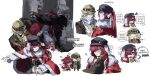  2girls :o absurdres animal_ears bessmert_(reverse:1999) black_hat black_vest blindfold blue_eyes blush brown_gloves brown_helmet brown_jacket cabbie_hat cape chibi chibi_inset cross_tie full_body fur-trimmed_cape fur_trim gloves goggles goggles_on_headwear grey_hair gyeol_124 hair_over_one_eye hand_in_another&#039;s_hair hat headpat helmet highres jacket korean_text long_sleeves multiple_girls multiple_views neckerchief one_eye_covered pith_helmet protecting puffy_long_sleeves puffy_sleeves red_cape redhead reverse:1999 shirt speech_bubble sweat tail thought_bubble translation_request upper_body vest white_blindfold white_shirt yellow_neckerchief yenisei_(reverse:1999) 