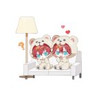 2boys ? amagi_hiiro amagi_rinne animal_costume bear_costume blue_eyes brothers chibi chibi_only couch ensemble_stars! full_body hair_between_eyes heart lamp looking_at_viewer multiple_boys open_mouth redhead sakuraihum short_hair siblings simple_background sitting triangle_mouth white_background 