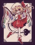  1girl ascot bat_wings blonde_hair crystal flandre_scarlet full_body hat hat_ribbon hatosabure highres laevatein_(touhou) mob_cap multicolored_wings one_side_up puffy_short_sleeves puffy_sleeves red_eyes red_skirt red_vest ribbon short_sleeves side_ponytail skirt skirt_set solo touhou vest white_hat wings yellow_ascot 