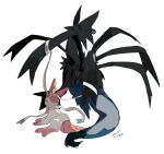  animal_focus apios black_sclera blue_eyes colored_sclera commentary dragon english_text fang from_behind full_body highres hydreigon mixed-language_text no_humans open_mouth pokemon pokemon_(creature) red_eyes simple_background sitting sylveon translation_request white_background 