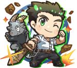  2boys black_pants brown_hair chibi clenched_hand drop_shadow furry furry_male gakuran glint goat_boy goat_horns highres holding holding_sword holding_weapon horn_ornament horn_ring horns loafers magatama male_focus multiple_boys nizitaro one_eye_closed pants partially_unbuttoned protagonist_3_(housamo) salomon_(housamo) school_uniform shirt shoes short_hair sparkle sword tokyo_afterschool_summoners weapon white_shirt 