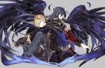  2boys black_coat black_gloves black_hair blonde_hair closed_mouth coat commentary_request ernst_(ys) gloves grey_background grey_pants hair_between_eyes hair_over_one_eye hawk_(ys) holding holding_weapon long_hair male_focus multiple_boys pants simple_background tatsumikkk weapon wings ys ys_ix_monstrum_nox ys_vi_ark_of_napishtim 