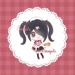  1girl :3 absurdres ame-chan_(needy_girl_overdose) apron black_dress black_eyes black_hair chibi chinese_commentary commentary_request dress food frilled_dress frills full_body hair_over_one_eye highres holding holding_plate huai_an_(wenfeiqing213) long_hair looking_at_viewer maid maid_headdress needy_girl_overdose omelet omurice plate red_background sample_watermark smile solo standing sweets_paradise twintails watermark 