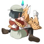  2girls :3 animal_ears bare_shoulders black_hair black_pantyhose blonde_hair blush boots brown_footwear cat_ears cat_girl cat_tail closed_eyes elbow_gloves extra_ears gloves grey_shorts hat_feather helmet high-waist_skirt highres hug kaban_(kemono_friends) kemono_friends multiple_girls pantyhose pith_helmet print_gloves print_skirt print_thighhighs red_shirt serval_(kemono_friends) serval_print shirt short_hair short_sleeves shorts sitting skirt sleeveless t-shirt tail thigh-highs wariza white_footwear white_shirt yakorou-san 