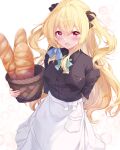  1girl :d apron arm_behind_back baguette basket black_bow black_shirt blonde_hair blue_bow blush bow bread breasts collared_shirt commentary_request dress_shirt food frilled_apron frills fuuna hair_between_eyes hair_bow highres holding holding_basket long_hair looking_at_viewer medium_breasts original puffy_short_sleeves puffy_sleeves red_eyes shirt short_sleeves simple_background smile solo two_side_up very_long_hair white_apron white_background 