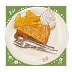  absurdres food food_focus fork fruit highres no_humans original pie pie_slice plate spoon takisou_sou whipped_cream 