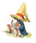 1other blue_coat boots cat_earth2 coat cup drinking final_fantasy final_fantasy_ix gloves hat highres holding holding_cup mug pants sitting steam striped_clothes striped_pants vertical-striped_clothes vertical-striped_pants vivi_ornitier white_background wizard_hat yellow_eyes 