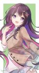  1girl :d azki_(hololive) black_hair brown_jacket dress green_background hair_between_eyes hand_up highres hololive jacket long_hair looking_at_viewer looking_to_the_side multicolored_hair purple_hair signature smile solo streaked_hair two-tone_background two-tone_hair very_long_hair violet_eyes virtual_youtuber white_background white_dress yonema 
