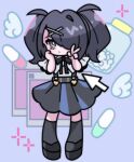  1girl ame-chan_(needy_girl_overdose) black_footwear black_hair black_ribbon black_socks bright_pupils chibi closed_mouth collared_shirt commentary_request cursor ebimirin full_body grey_eyes grey_shirt hair_ornament hair_over_one_eye hand_on_own_cheek hand_on_own_face hands_up highres long_hair looking_at_viewer neck_ribbon needy_girl_overdose pill pill_bottle ribbon shirt shoes skirt socks solo standing suspender_skirt suspenders twintails v white_pupils window_(computing) x_hair_ornament 