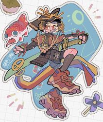  1girl armor commentary_request fang fingerless_gloves food full_body gloves helmet highres japanese_armor japanese_clothes kabuto_(helmet) katana kodomo_no_hi looking_at_viewer open_mouth original outstretched_arms pinwheel red_eyes sakura_mochi sheath sheathed shoes short_hair shorts smile sneakers socks standing standing_on_one_leg sword ushinoki wagashi weapon white_hair 