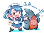  1girl aqua_neckerchief artist_logo black_socks blue_hair blue_neckerchief blue_sailor_collar blue_skirt brown_eyes character_request crossover dated fukae_(kancolle) hat kantai_collection kutone_shirika neckerchief pleated_skirt pokemon pokemon_(creature) sailor_collar sailor_hat school_uniform serafuku short_hair side_ponytail simple_background skirt smile socks standing white_background white_hat 