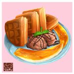  artist_logo artist_name chocolate_syrup food food_focus ice_cream no_humans original pink_background plate sugar_(food) syrup waffle yuki00yo 