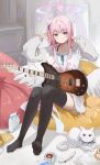  1girl absurdres animal_with_heterochromia bass_guitar black_tea black_thighhighs blue_archive blush cat collarbone cup dress feathered_wings hair_bun halo highres indoors instrument jsscj knees_up long_hair long_sleeves looking_at_viewer mika_(blue_archive) milk_carton no_shoes pink_hair saucer single_side_bun sitting smile solo tea teacup thigh-highs v very_long_hair w white_cat white_dress white_wings wings 