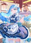  1girl absurdres apron aqua_hair cup faruzan_(cafe)_(genshin_impact) faruzan_(genshin_impact) floating_hair frilled_skirt frills genshin_impact hair_ornament hand_on_own_hip highres indoors long_hair looking_at_viewer maid maid_apron maid_headdress official_alternate_costume one_eye_closed parted_lips shirt short_sleeves skirt symbol-shaped_pupils teacup teapot thigh-highs tray triangle-shaped_pupils twintails viclim-monou white_apron white_shirt white_thighhighs x_hair_ornament zettai_ryouiki 
