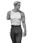  1boy amputee belt black_belt black_pants blonde_hair cropped_legs erwin_smith grandgth greyscale highres looking_to_the_side male_focus monochrome pants shingeki_no_kyojin shirt signature simple_background solo tank_top white_background white_shirt 