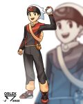  1boy :d absurdres arm_up artist_name backpack bag beanie black_eyes black_hair brendan_(pokemon) clenched_hand fingerless_gloves full_body gloves happy hat highres holding holding_poke_ball jacket long_sleeves male_focus open_mouth orlek pants poke_ball poke_ball_(basic) pokemon pokemon_rse red_footwear shoes short_hair smile solo standing teeth upper_teeth_only white_background white_hat yellow_bag yellow_gloves zoom_layer 