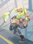  1girl agent_3_(splatoon_3) asymmetrical_hair backpack bag bandaged_arm bandaged_foot bandages black_bandages black_pants black_shirt blonde_hair braid covered_mouth earpiece eyebrow_cut flat_chest grey_bag highres inkling inkling_girl inkling_player_character koike3582 leg_up long_hair looking_at_viewer pants pointy_ears salmonid shirt sleeveless sleeveless_shirt smallfry_(splatoon) splatoon_(series) splatoon_3 suction_cups sweatpants tentacle_hair torn_clothes torn_shirt twitter_username yellow_eyes 