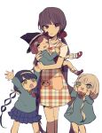  4girls age_difference aged_down apron arms_up black_hair blue_dress blue_eyes blue_skirt blunt_bangs blush_stickers brown_hair carrying chabashira_tenko child child_carry closed_eyes commentary_request danganronpa_(series) danganronpa_v3:_killing_harmony dress frilled_skirt frills frown green_eyes hairband hands_on_own_face harukawa_maki hat kneehighs long_hair looking_at_another looking_at_viewer low_twintails multiple_girls open_mouth red_eyes red_scrunchie red_shorts redhead rikyusun scrunchie short_hair shorts sketch skirt socks standing twintails very_long_hair white_background white_hair witch_hat yonaga_angie yumeno_himiko 