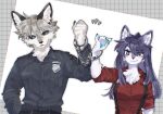  1boy 1girl :3 animal_ear_fluff animal_ears animal_hands black_eyes black_shirt blue_eyes body_fur bound_together bright_pupils claws closed_mouth collared_shirt cuffed cuffs furry furry_female grey_background grey_fur grey_hair grid_background hand_up handcuffs highres looking_at_another original police police_badge police_uniform rata_(norahasu) red_shirt shirt short_hair smile suspenders uniform upper_body white_background white_fur wolf_boy wolf_ears wolf_girl 