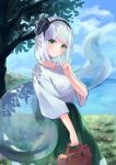  1girl adapted_costume bag clouds cloudy_sky contemporary green_eyes green_skirt highres holding holding_bag konpaku_youmu konpaku_youmu_(ghost) long_skirt looking_at_viewer narutakaya shirt short_hair skirt sky smile solo touhou tree white_hair white_shirt 