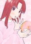  1girl covered_mouth doughnut egashira_mika floral_background food food_wrapper hands_up holding holding_food long_hair long_sleeves looking_at_viewer nail_polish parted_bangs pechevail pink_background pink_nails pink_sweater red_eyes redhead skip_to_loafer solo sweater upper_body 