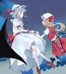  2girls blonde_hair blue_hair dress flandre_scarlet full_body hat hat_ribbon high_heels highres kanaria_(bocmn) mob_cap multiple_girls puffy_short_sleeves puffy_sleeves red_dress red_eyes red_ribbon remilia_scarlet ribbon short_sleeves side_ponytail smile socks touhou white_dress wrist_cuffs 