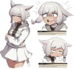  1girl anger_vein animal_ears blue_eyes breasts bright_pupils cat_ears cat_tail dark-skinned_female dark_skin english_text facial_mark final_fantasy final_fantasy_xiv hair_tubes highres multiple_views short_hair sidelocks sifserf sigh skirt small_breasts sweatdrop tail whisker_markings white_hair white_skirt y&#039;shtola_rhul 