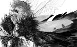  1boy au_(d_elete) black_hands blood blood_on_clothes blood_on_face cape collared_shirt fate/grand_order fate_(series) fingernails from_side fur-trimmed_cape fur_trim greyscale grin hair_between_eyes hair_floating_upwards head_tilt highres insect_wings looking_at_viewer male_focus monochrome oberon_(fate) oberon_(third_ascension)_(fate) open_mouth shirt simple_background smile solo teeth torn_wings upper_body wings 