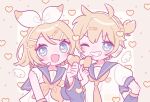  1boy 1girl ahoge blonde_hair blue_eyes blue_sailor_collar blush brother_and_sister grin hair_ornament hair_ribbon hairband hairclip hand_on_own_hip headphones headset heart heart_hair_ornament highres holding holding_heart kagamine_len kagamine_rin looking_at_viewer neckerchief nicogoly one_eye_closed open_mouth ribbon sailor_collar school_uniform serafuku shirt short_hair short_ponytail siblings sleeveless sleeveless_shirt smile swept_bangs teeth upper_body vocaloid white_hairband white_ribbon white_shirt yellow_neckerchief 