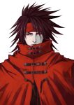  1boy absurdres belt_buckle black_hair buckle cloak closed_mouth commentary final_fantasy final_fantasy_vii final_fantasy_vii_rebirth final_fantasy_vii_remake headband highres kksdksms long_hair looking_at_viewer male_focus pale_skin red_cloak red_eyes red_headband solo spiky_hair upper_body vincent_valentine white_background 